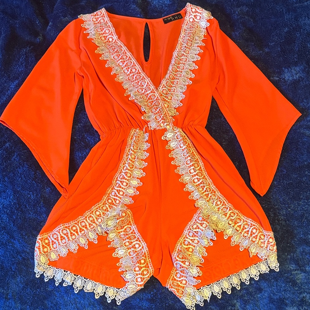 Elegant Orange Lace-Trimmed Women's Romper (S)
